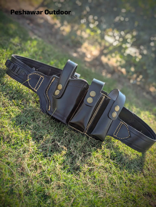Handmade Leather Belly Belt Holster | Holds 1 Pstl + 2 Mags & 10 Bullets