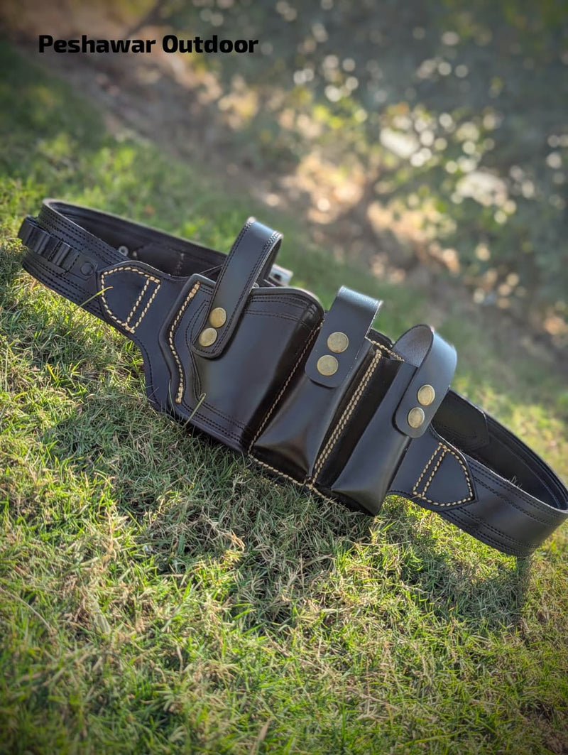 Handmade Leather Belly Belt Holster | Holds 1 Pstl + 2 Mags & 10 Bullets