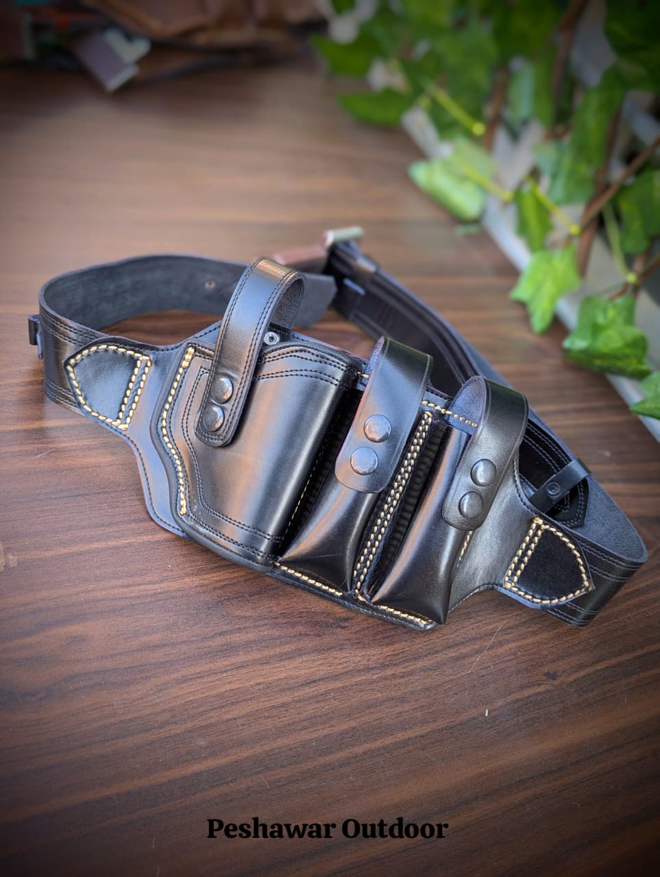 Premium Handmade Leather Belly Belt Holster – Fits 1 Pstl, 2 Magazines & 10 Rounds