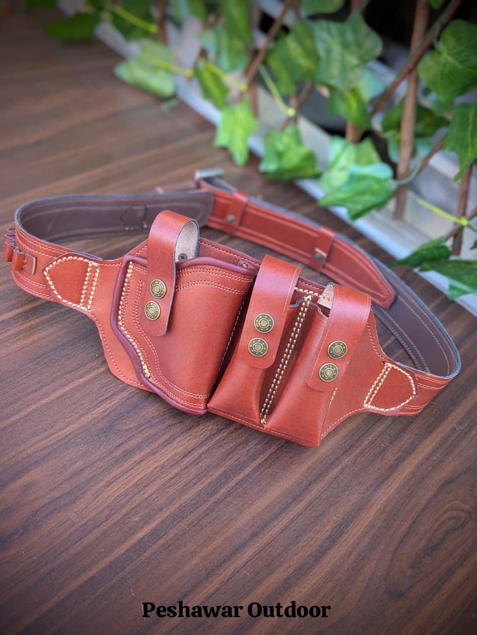 Premium Handmade Leather Belly Belt Holster – Fits 1 Pistol, 2 Magazines & 10 Rounds