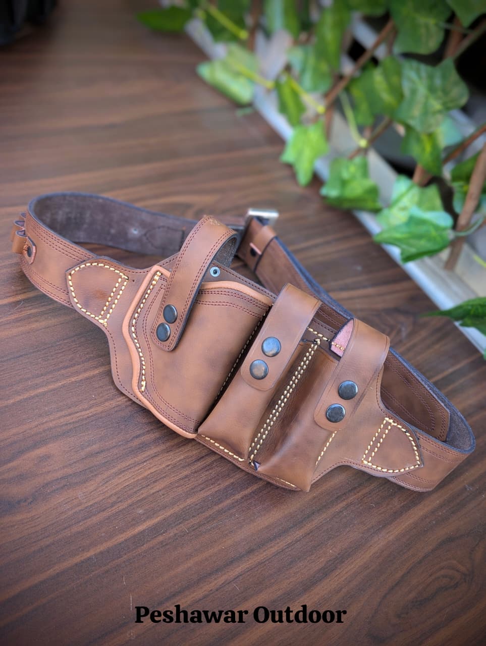 Premium Handmade Leather Belly Belt Holster – Fits 1 Pistol, 2 Magazines & 10 Rounds