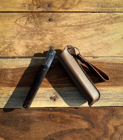 M390 Folding Knife with Brown Leather Sheath