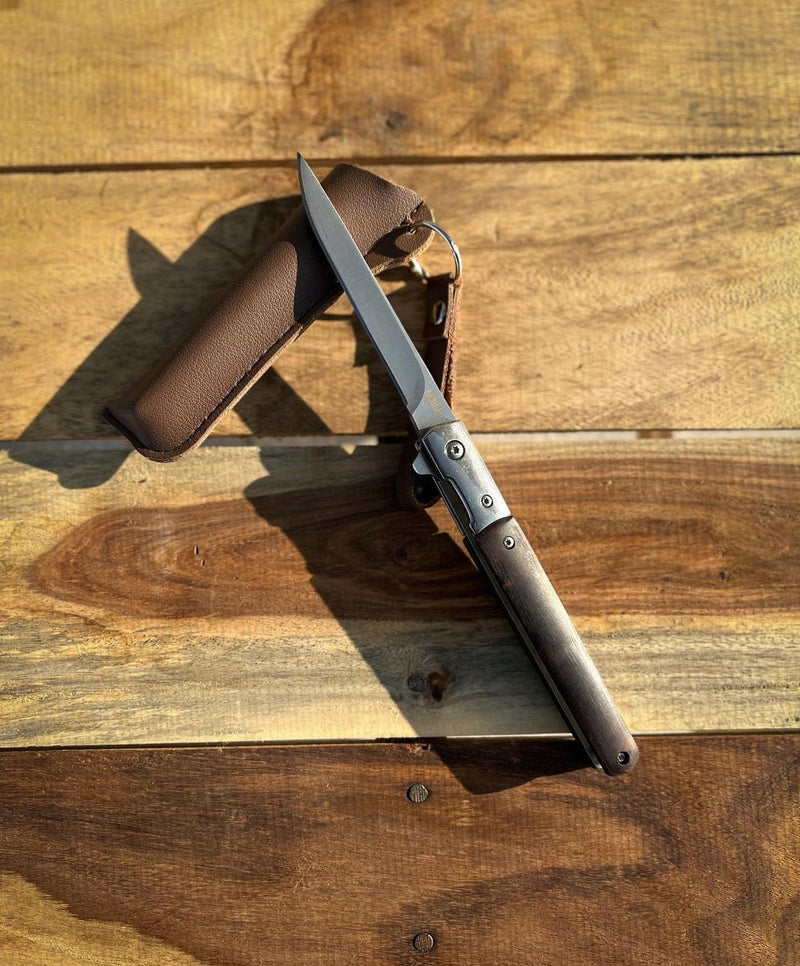 M390 Folding Knife with Brown Leather Sheath