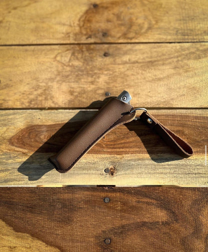 M390 Folding Knife with Brown Leather Sheath