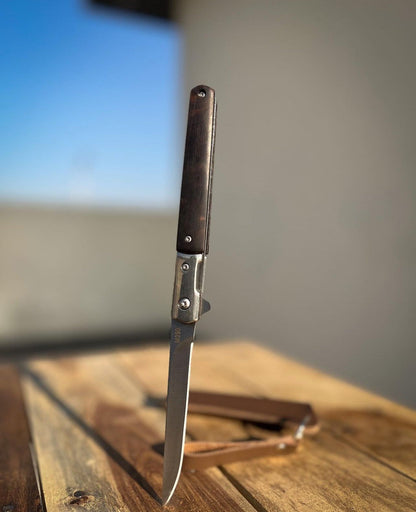 M390 Folding Knife with Brown Leather Sheath