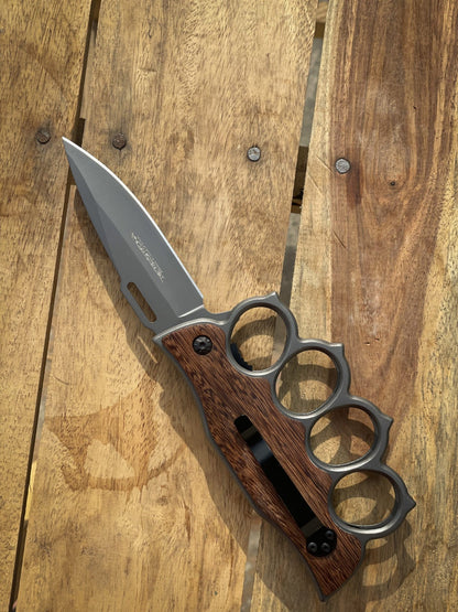 4-Finger Knuckle Duster Fixed Blade Knife – Wood Grip & Tactical Design