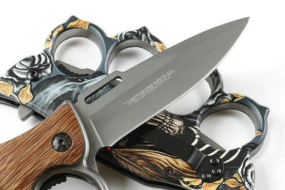 4-Finger Knuckle Duster Fixed Blade Knife – Wood Grip & Tactical Design