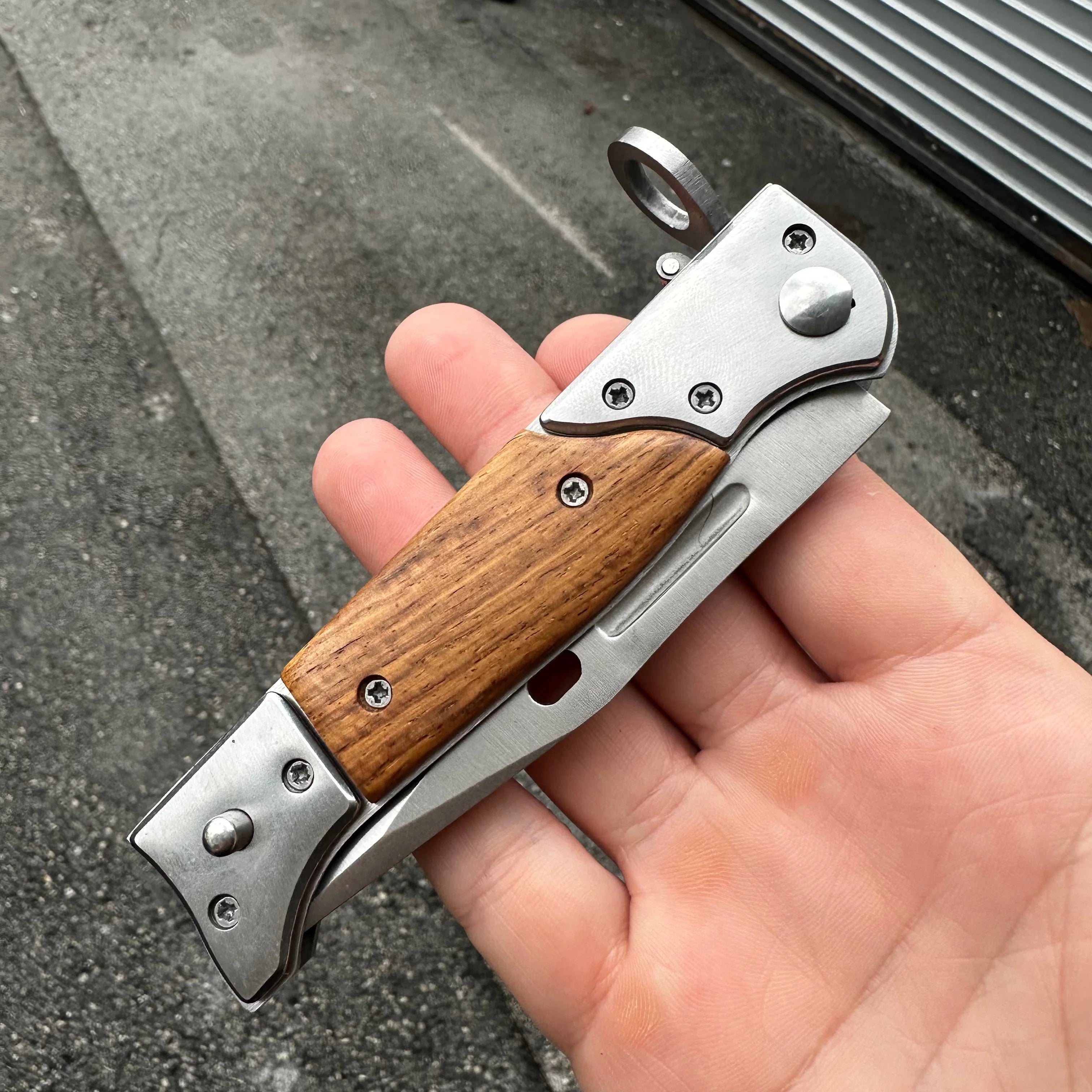 AK-47 Style Drop Point Automatic Pocket Knife with Wood Handle