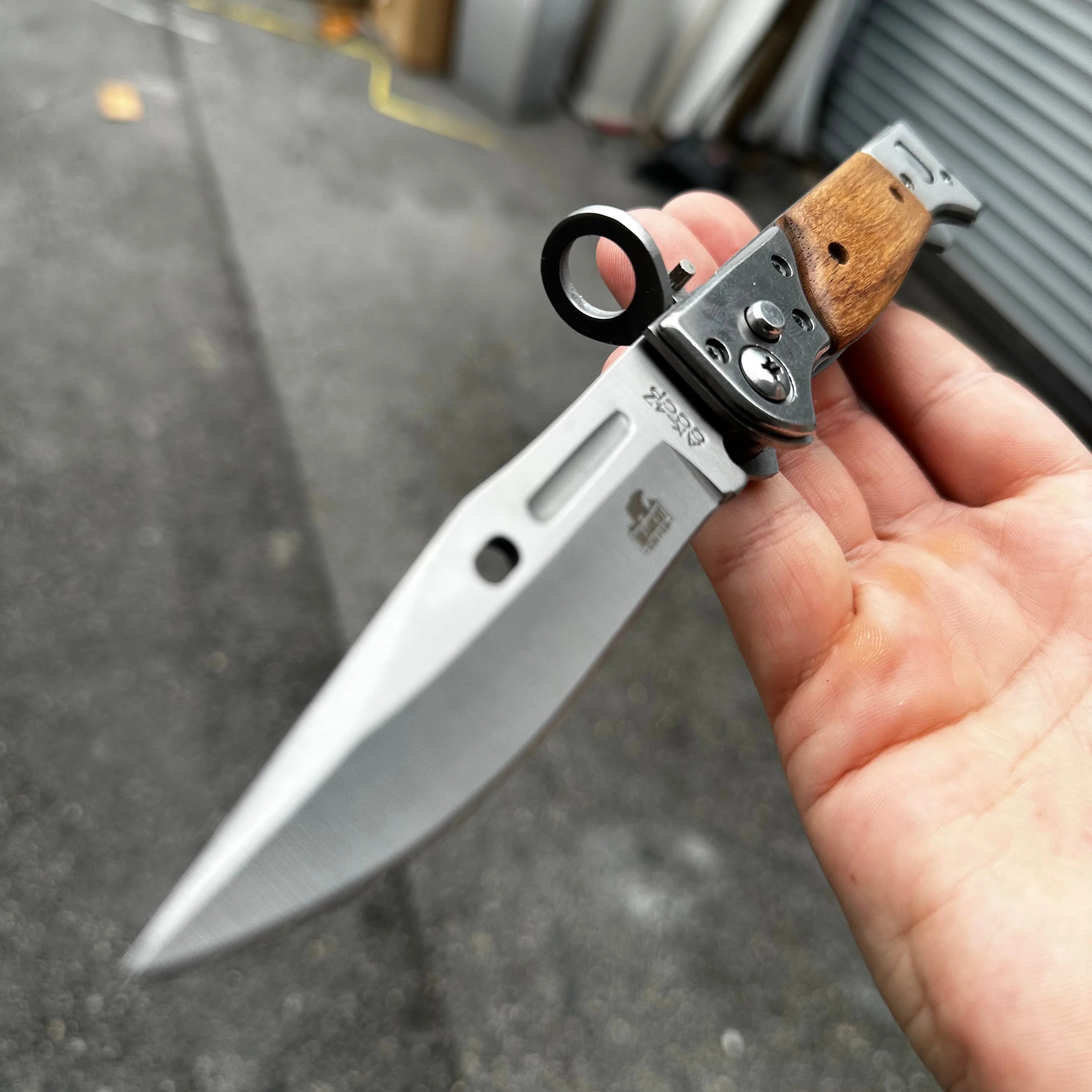 AK-47 Style Drop Point Automatic Pocket Knife with Wood Handle
