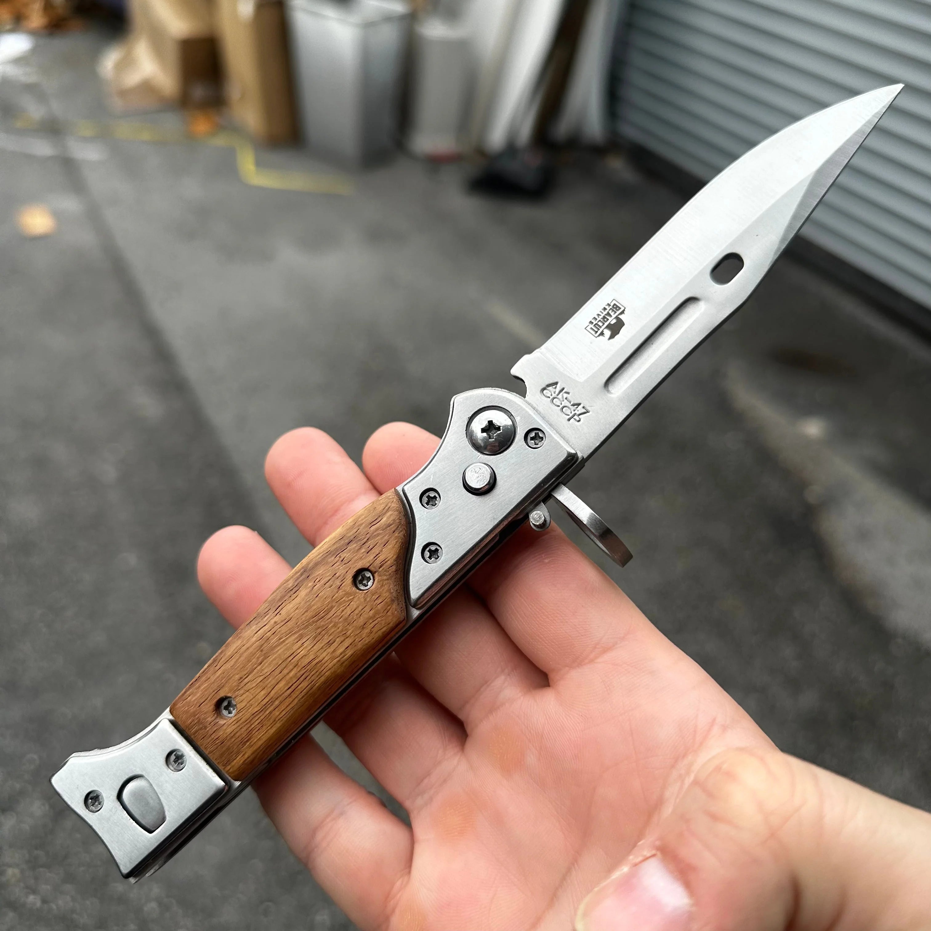 AK-47 Style Drop Point Automatic Pocket Knife with Wood Handle
