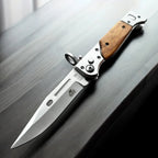 AK-47 Style Drop Point Automatic Pocket Knife with Wood Handle