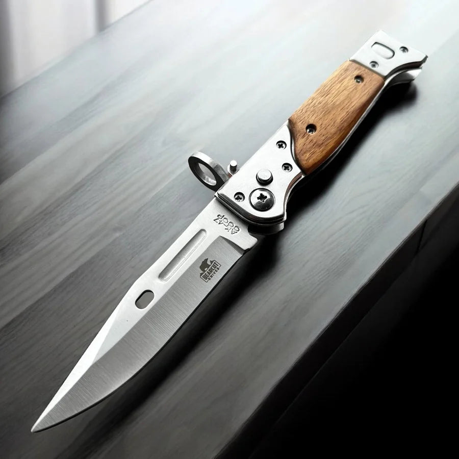 AK-47 Style Drop Point Automatic Pocket Knife with Wood Handle