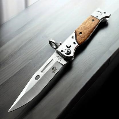AK-47 Style Drop Point Automatic Pocket Knife with Wood Handle