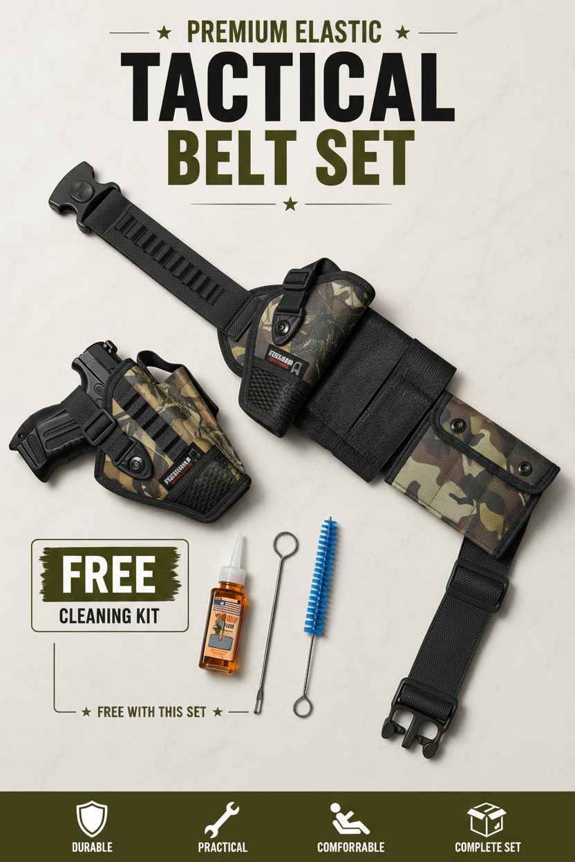 Premium Elastic Tactical Belt Set – Pouch with Magz, Detachable Pocket & Cleaning Kit