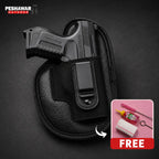 Black gun holster with a gun inside on a dark background, featuring Peshawar Outdoor branding.