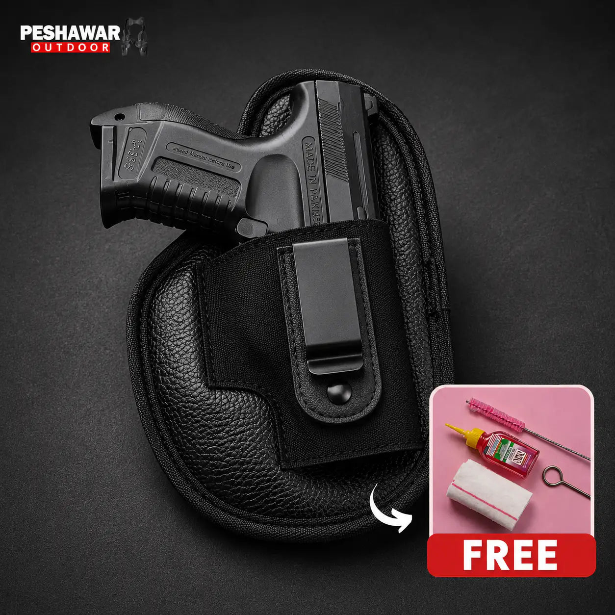 Black gun holster with a gun inside on a dark background, featuring Peshawar Outdoor branding.