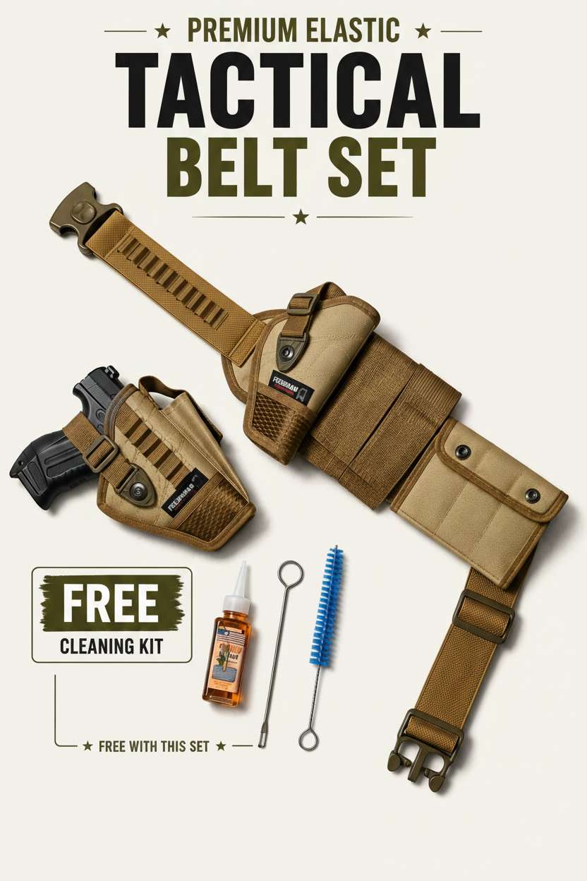 Premium Elastic Tactical Belt Set – Pouch with Magz, Detachable Pocket & Cleaning Kit